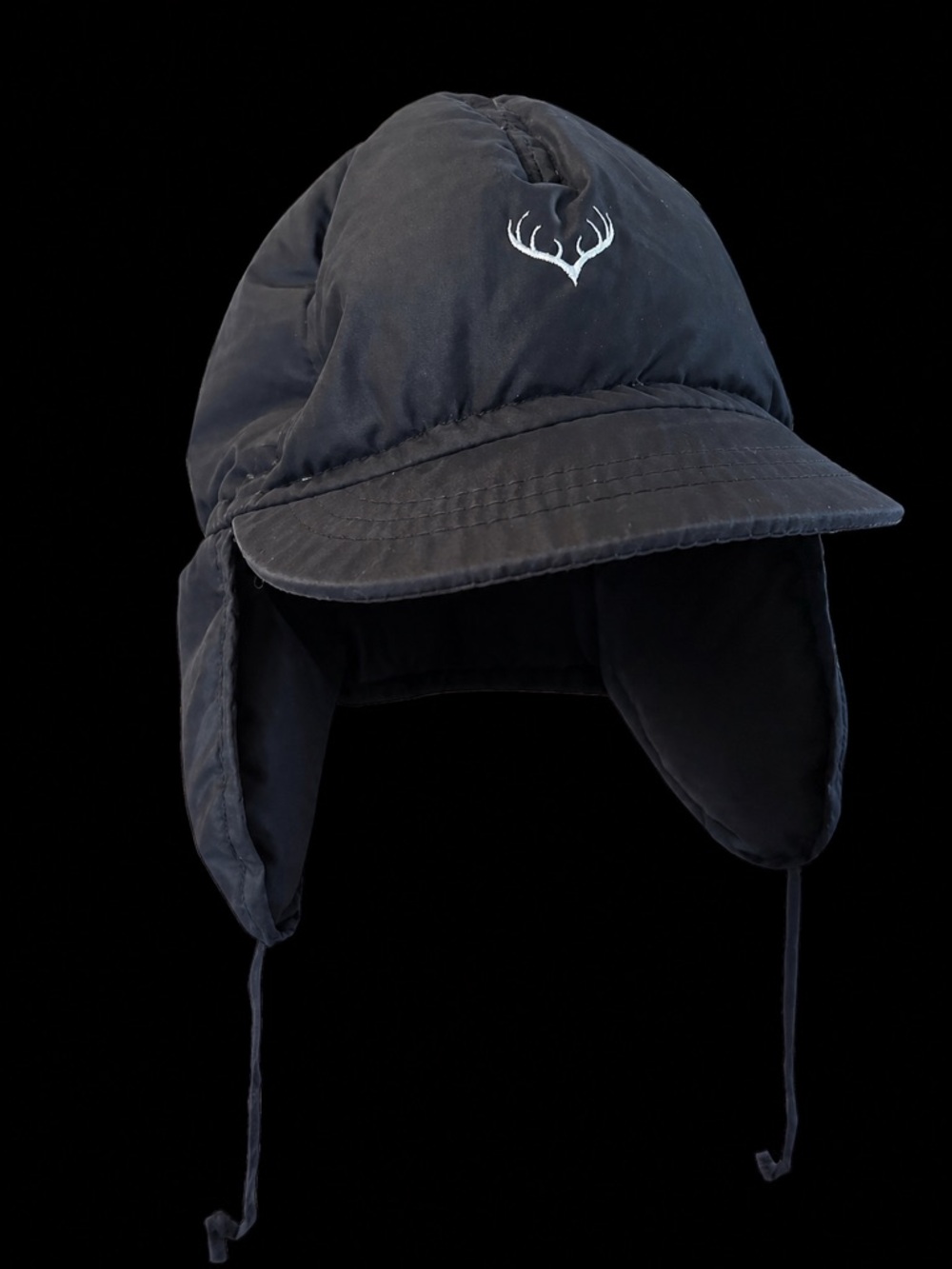 Quilted Earflap Hat with White Antler Logo - Black